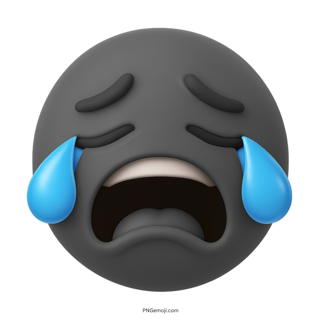 3D black sobbing face emoji with blue tears and emotional expression