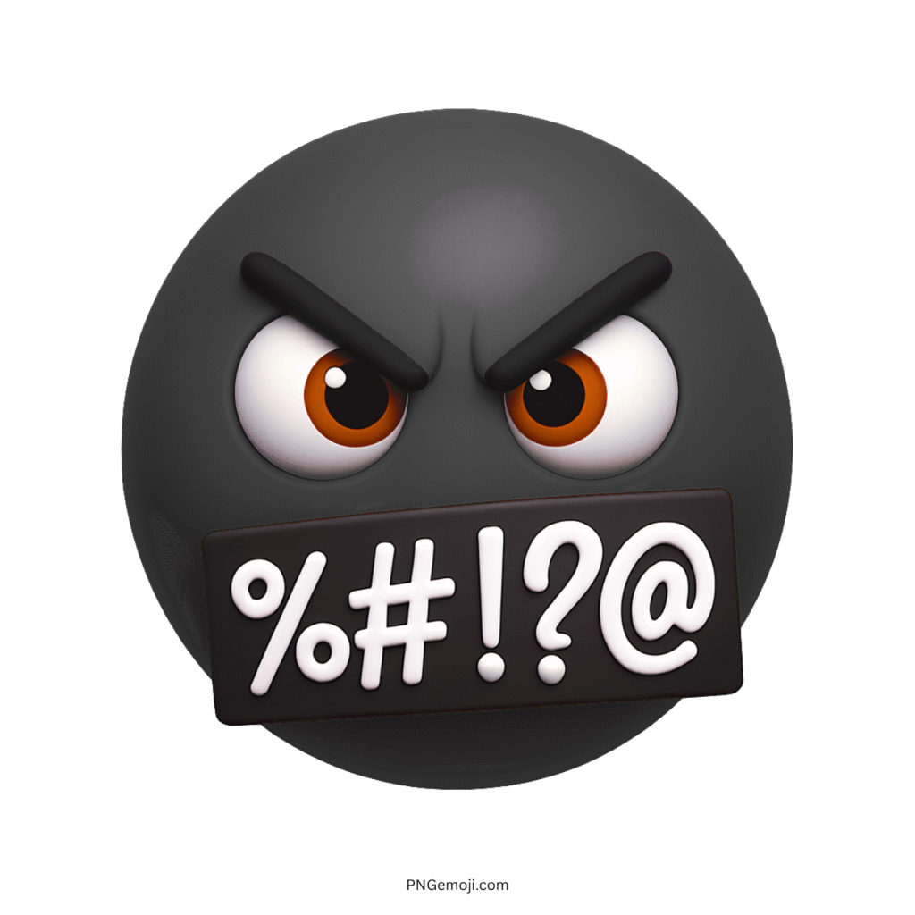 3D angry black emoji with censored mouth and intense red-brown eyes