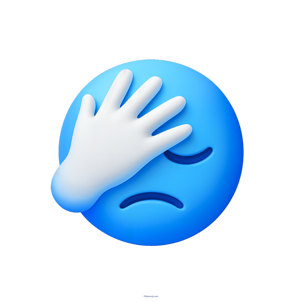 Blue 3D facepalm emoji with hand covering face showing frustration and sadness
