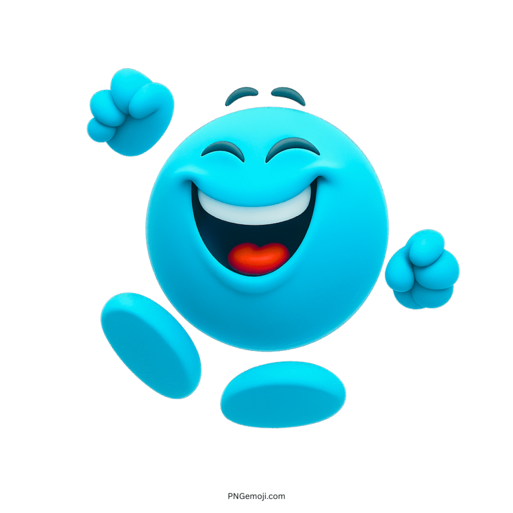 Blue 3D emoji jumping joyfully with a big smile and hands raised in excitement