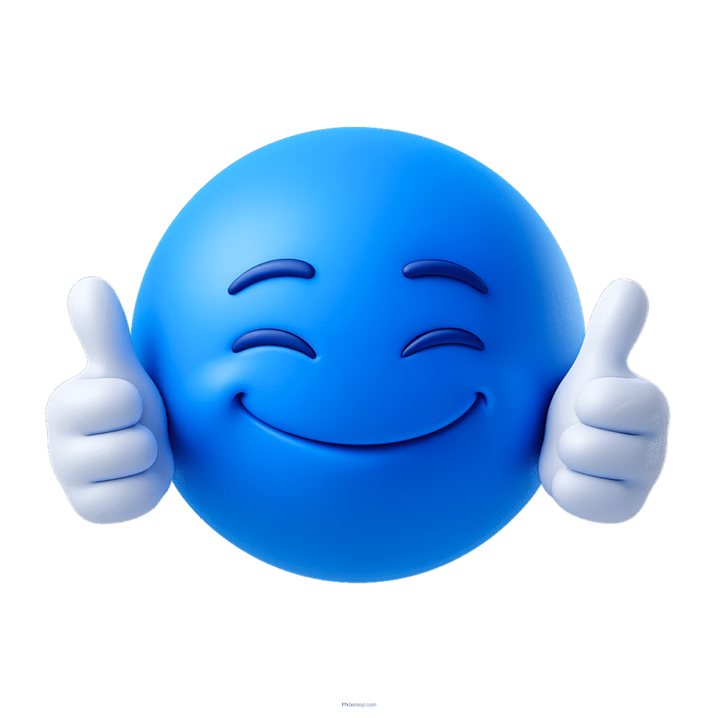 3D blue happy smiley emoji giving two thumbs up with cheerful expression
