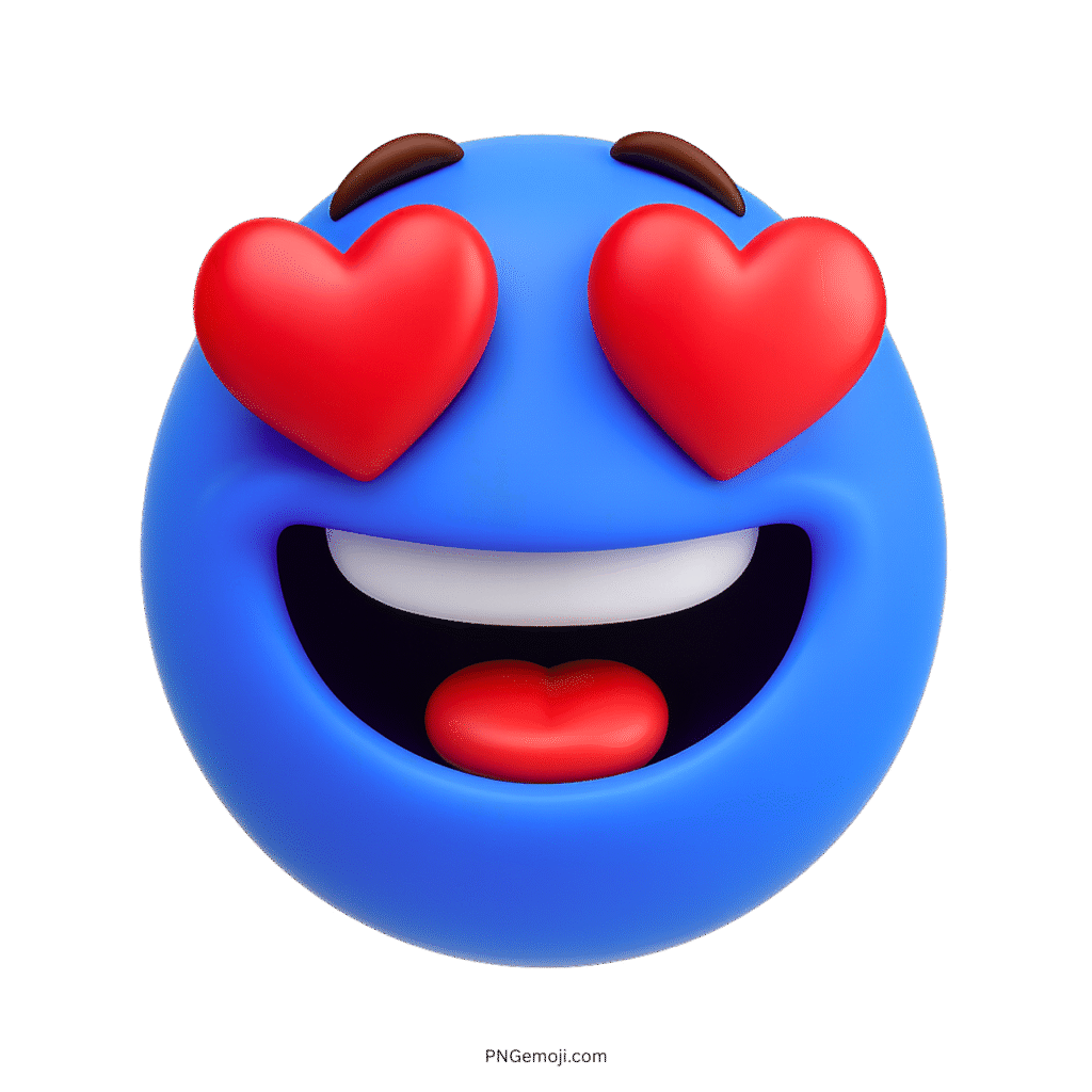 Blue 3D emoji with heart-shaped eyes showing excitement and romantic feelings