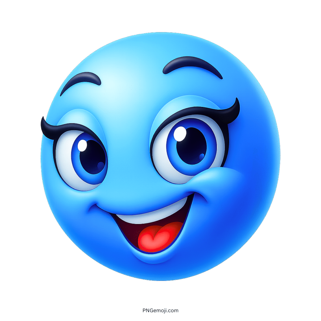 Blue 3D emoji with big sparkling eyes and happy smiling expression
