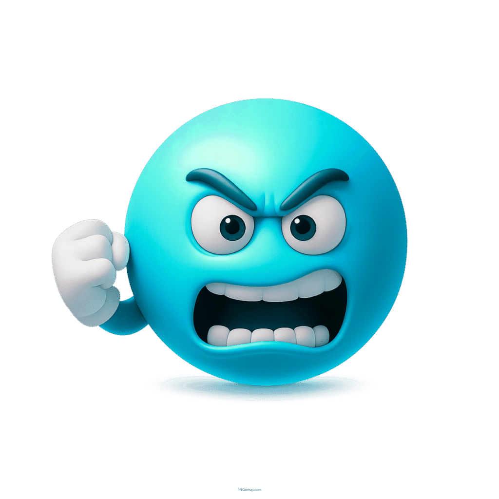 Blue 3D angry emoji character shaking fist with furious expression in cartoon style
