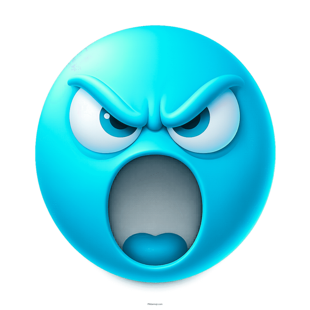Blue emoji face with angry eyes and wide open shouting mouth