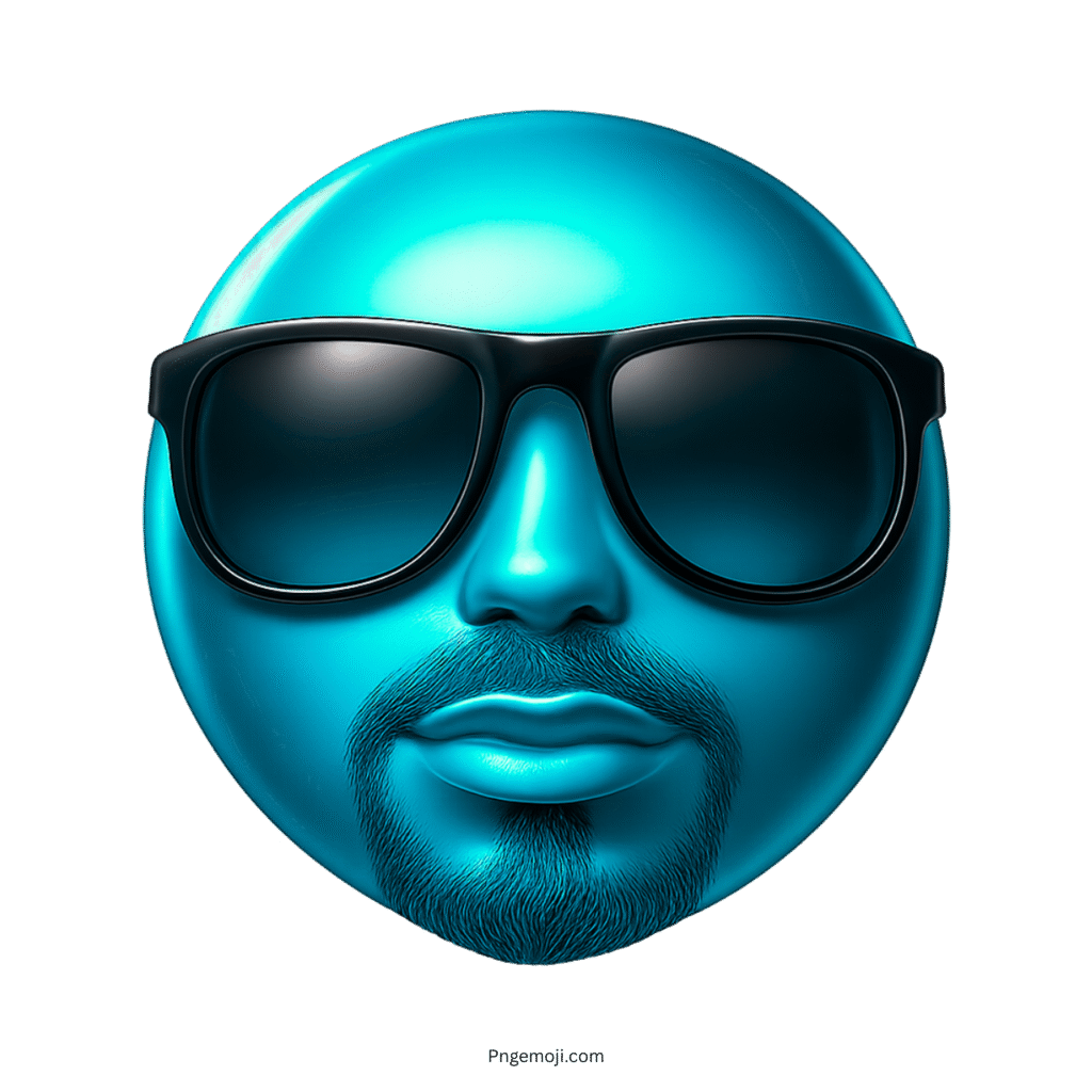 Cool blue emoji face with beard and black sunglasses in modern 3D style