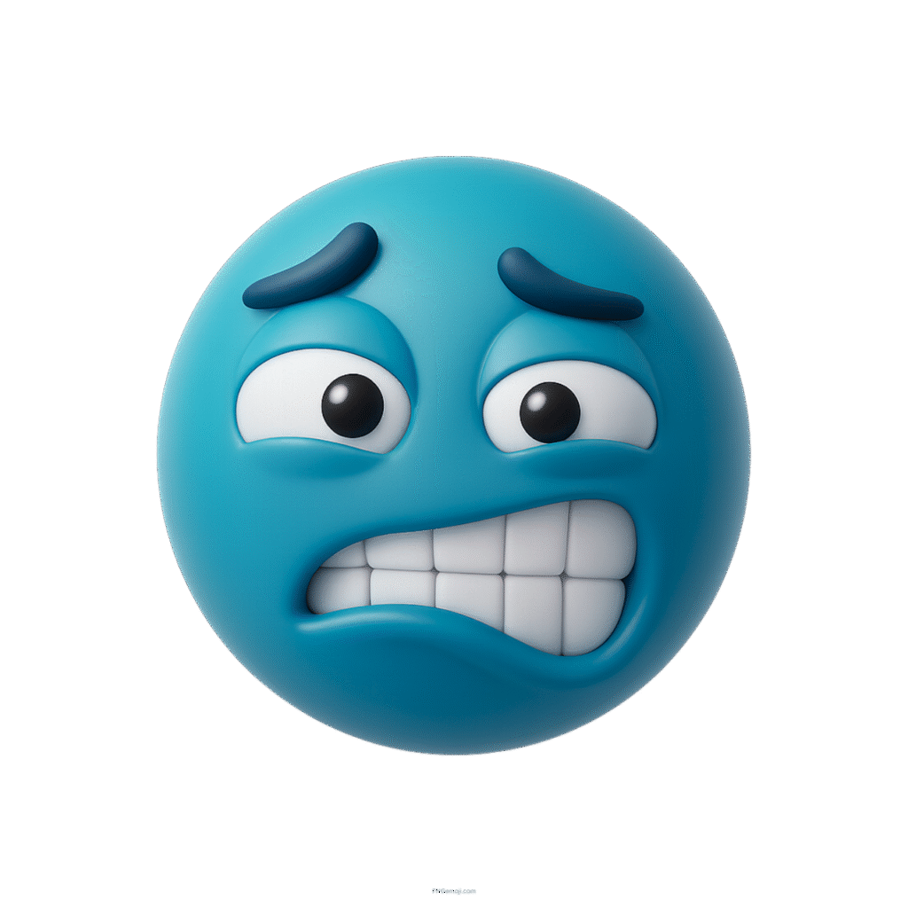 Blue emoji face with anxious cringe expression and clenched teeth in 3D design.