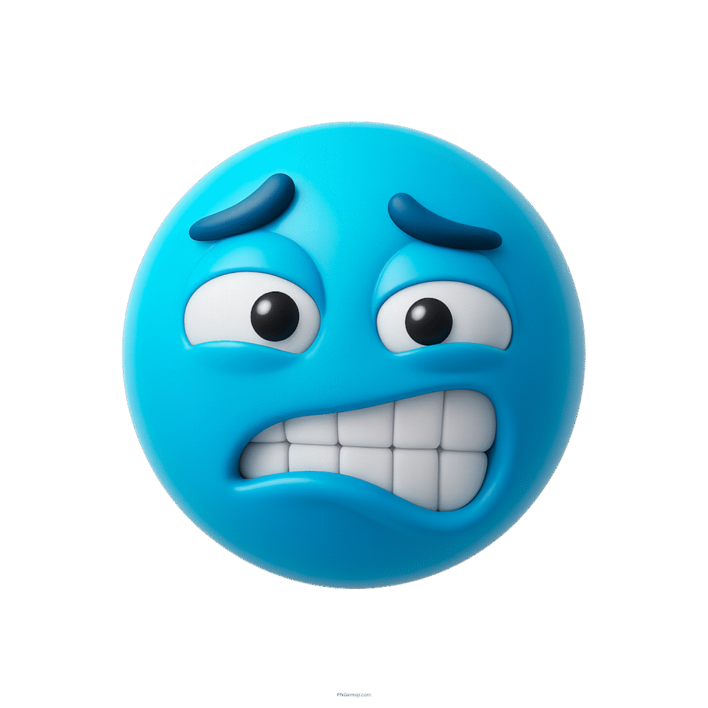Blue emoji with a cringed face, gritted teeth, and uneasy 3D expression.