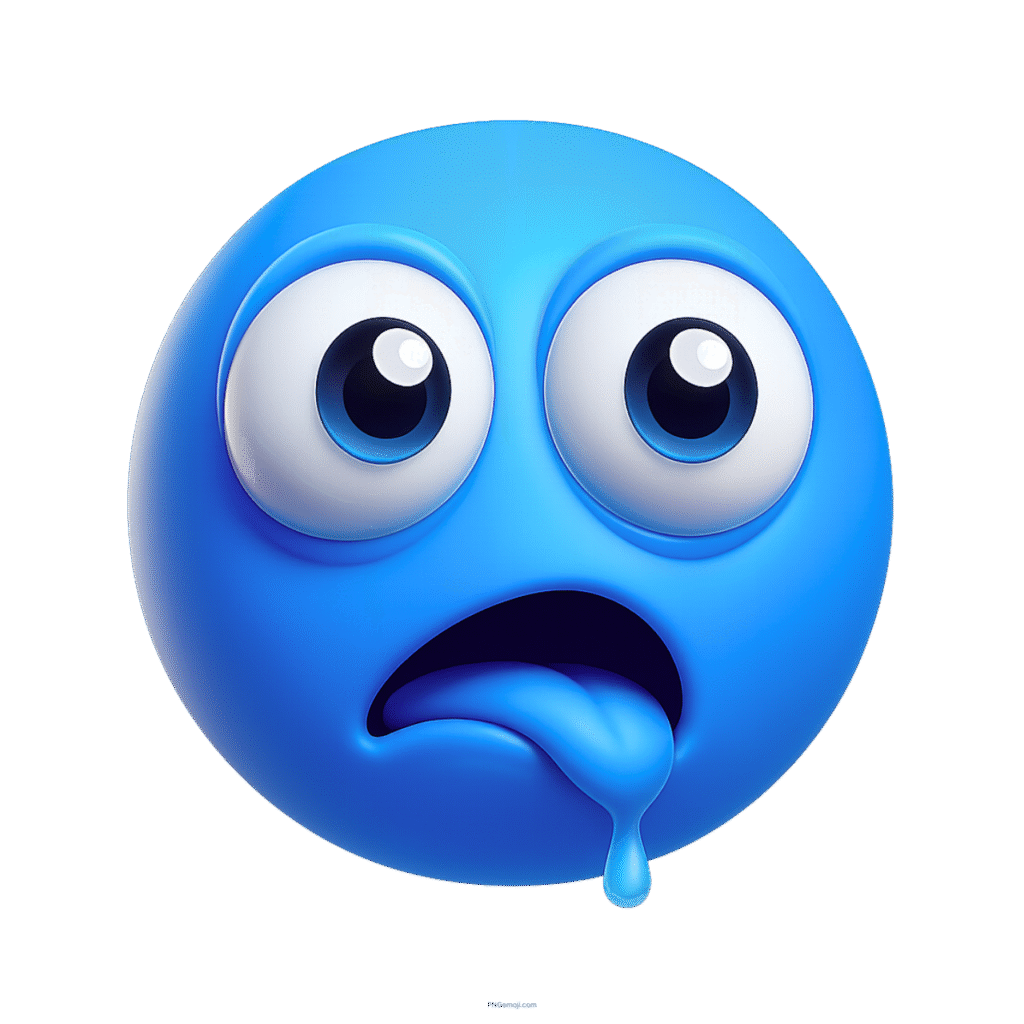 Blue cartoon emoji with wide eyes, drooling mouth, dizzy confused facial expression