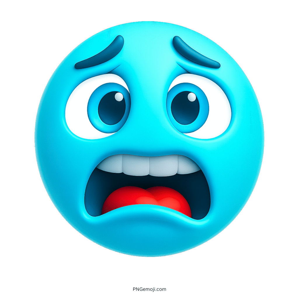 Blue eek emoji with wide eyes, open mouth, raised eyebrows and shocked look