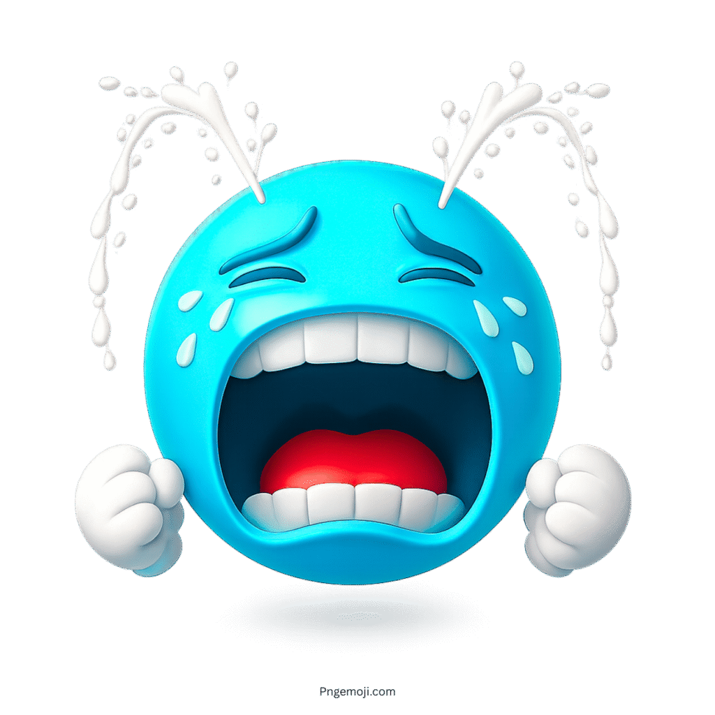 Blue 3D emoji crying hard with fountain tears, clenched fists, and expressive mouth