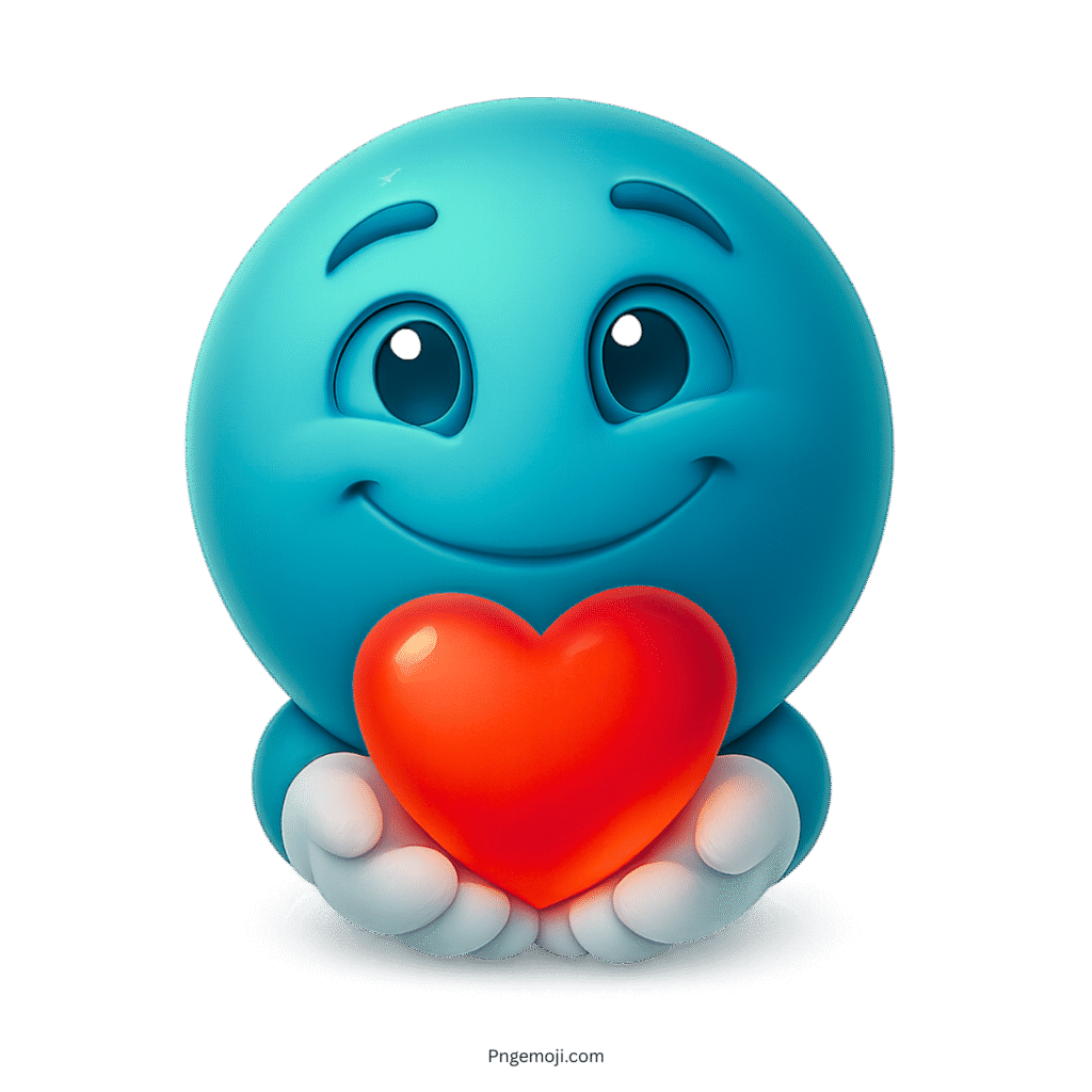 Blue emoji character smiling while gently holding a shiny red heart symbol