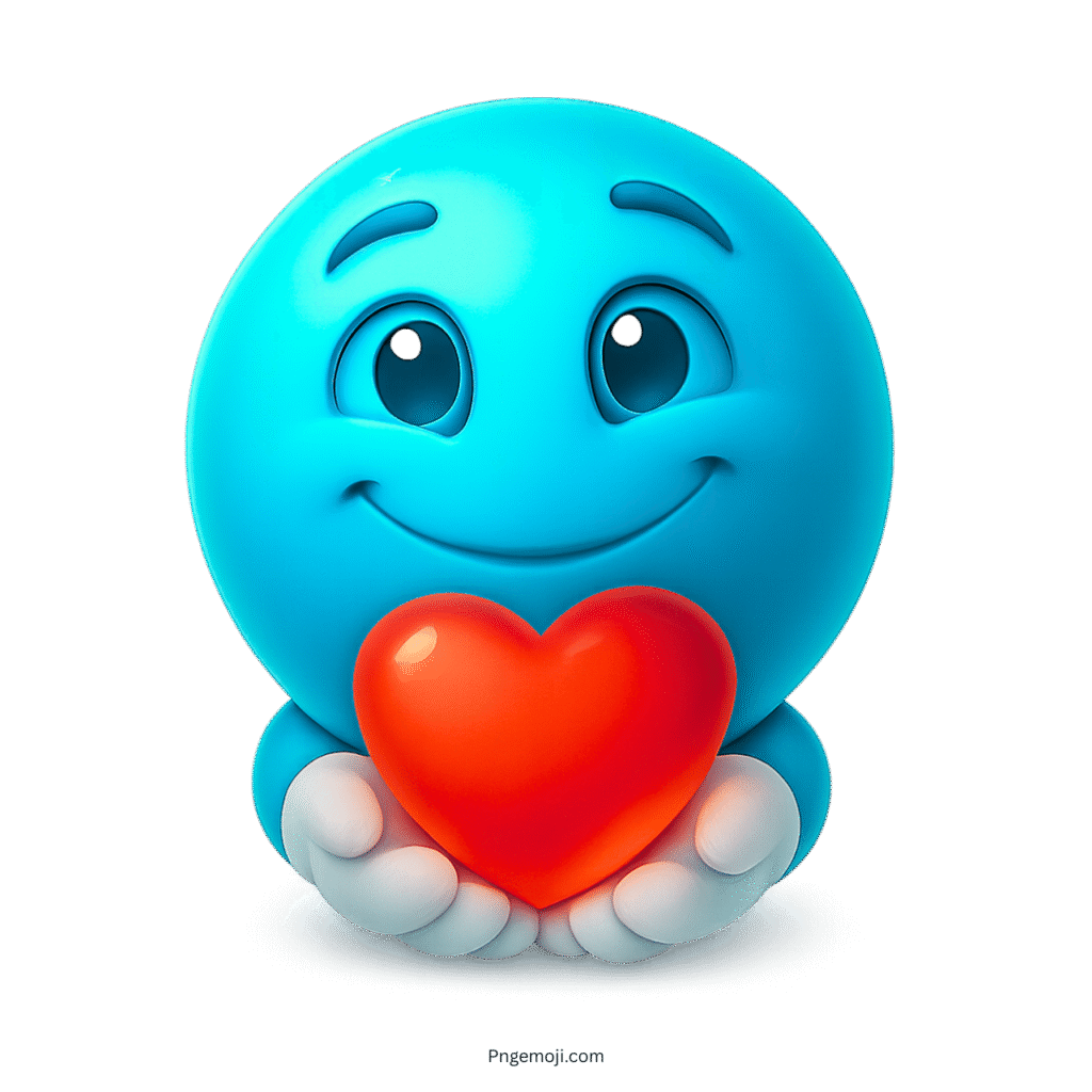 Blue happy emoji holding red heart to show love, care, and positivity