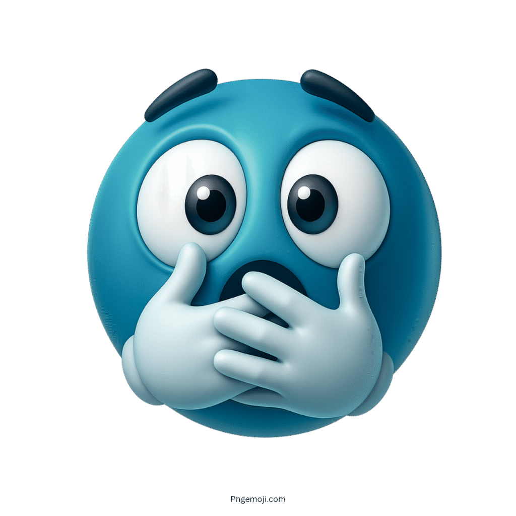 Blue 3D emoji face with hands covering mouth in shocked wide-eyed expression