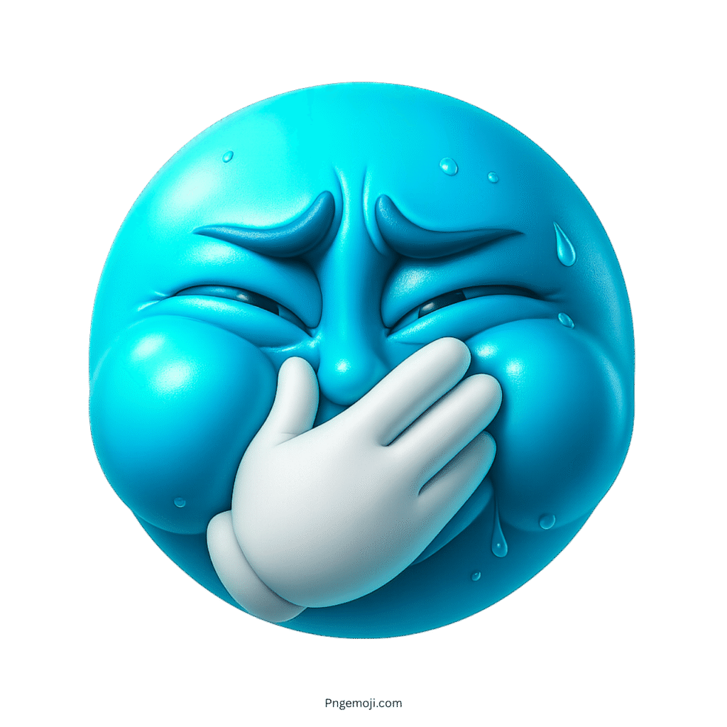 Blue emoji with puffed cheeks covering mouth, showing signs of sickness and discomfort.
