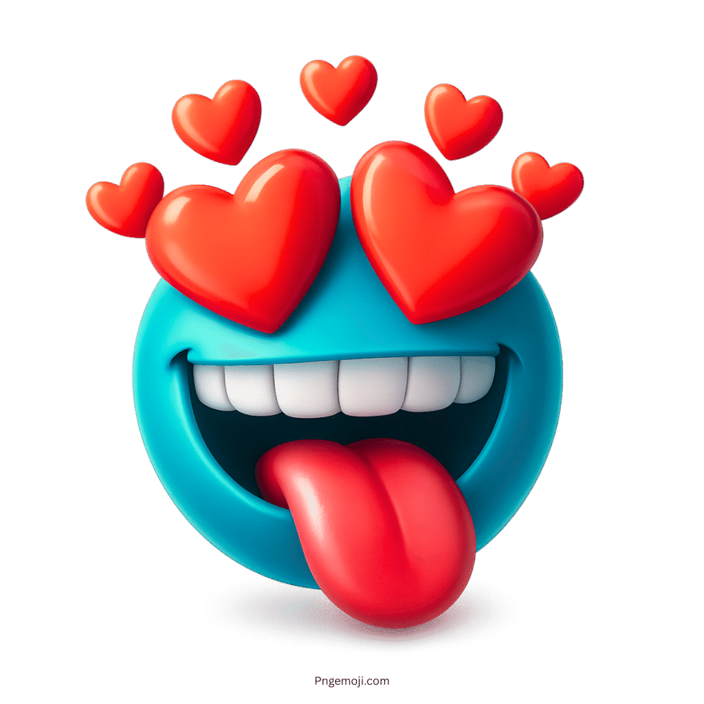 Cute blue emoji with red heart eyes, tongue out, showing wild love and emotion.