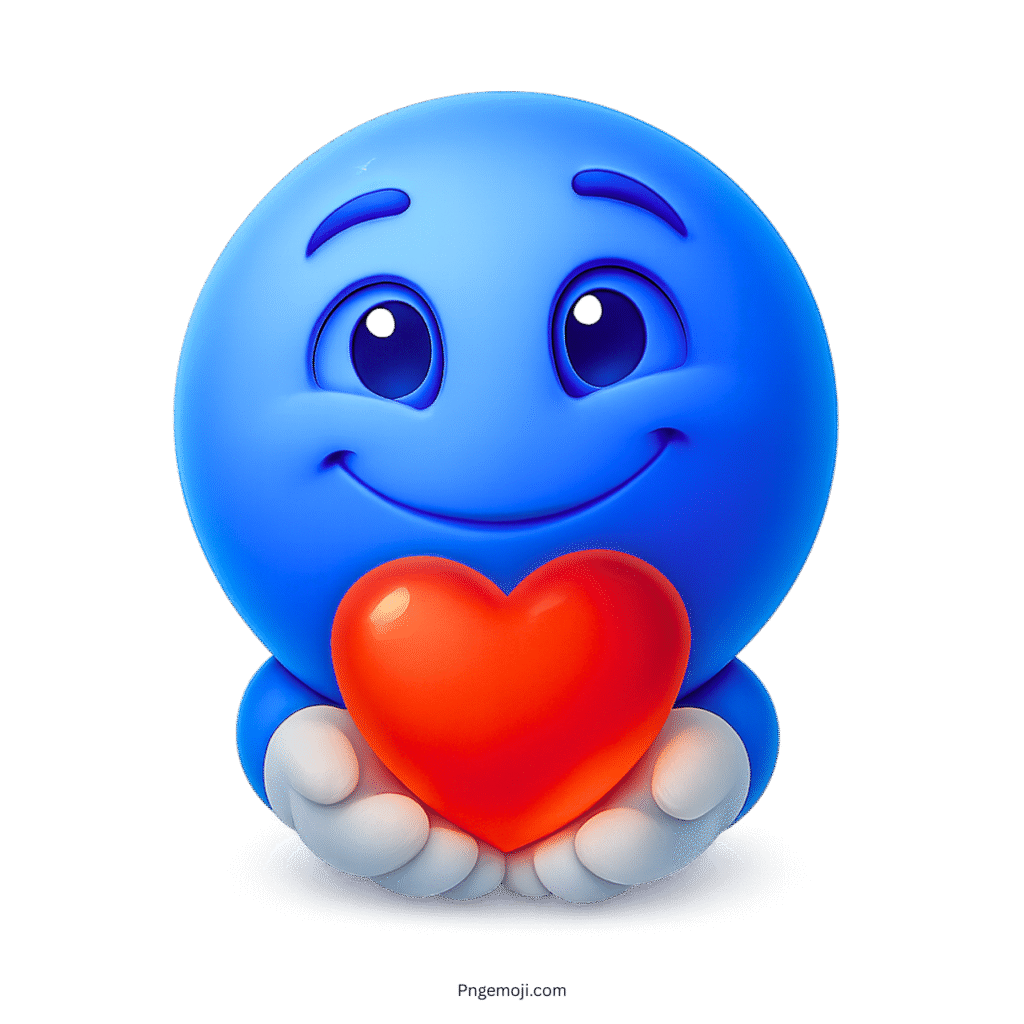 3D blue emoji holding glowing red heart with warm affectionate smile