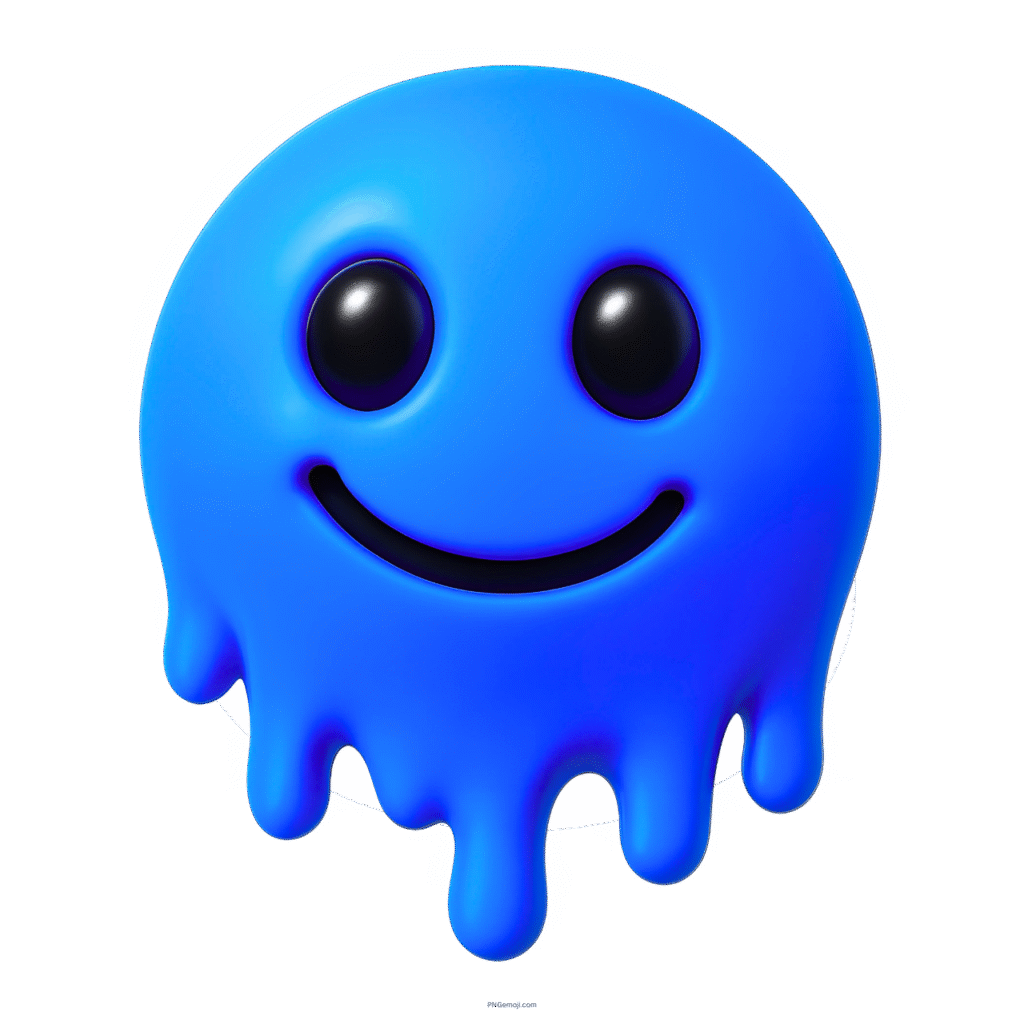3D blue melting smiley face emoji with dripping gooey design and cheerful expression