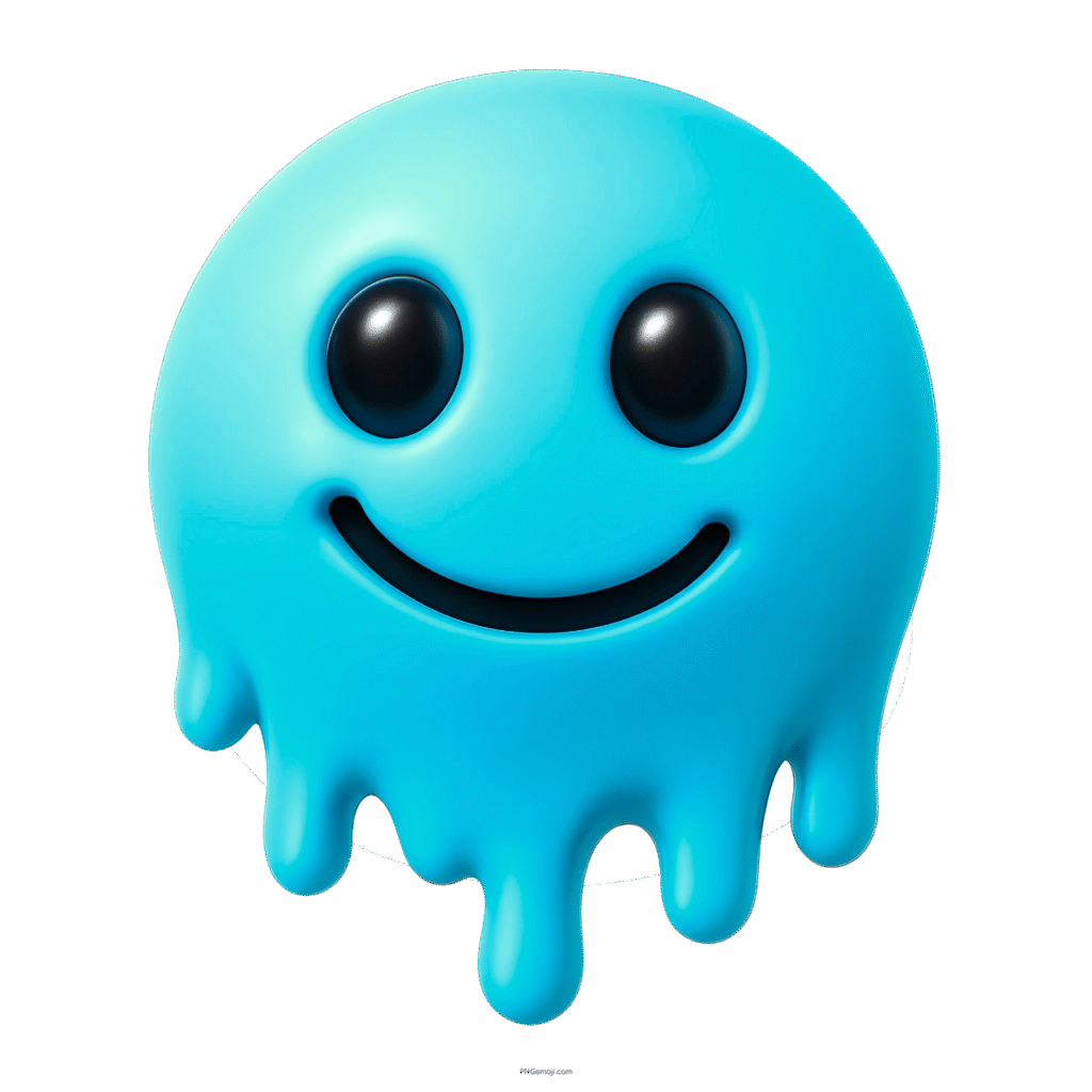 3D cyan blue melting smiley emoji with black eyes and a cheerful dripping face