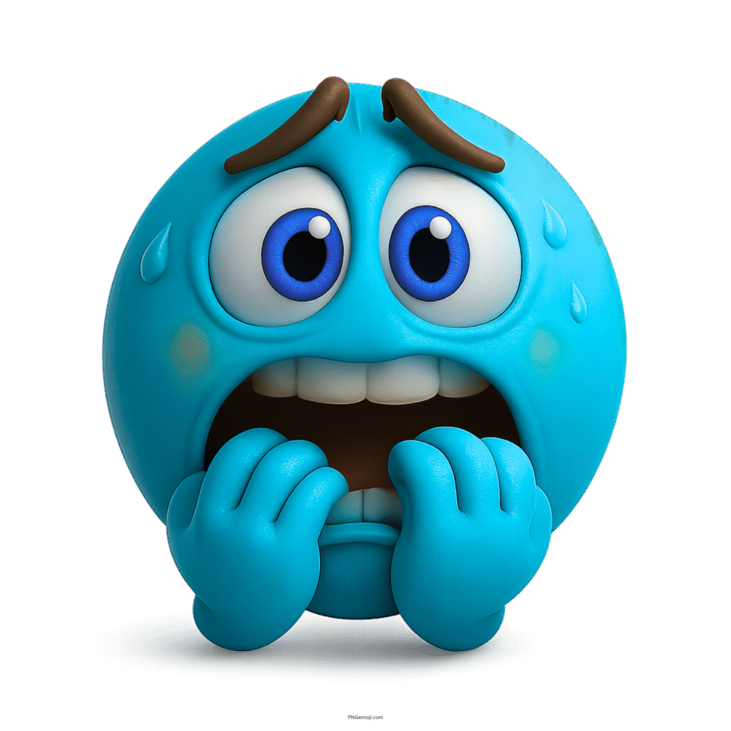 Blue 3D scared emoji biting nails with sweat drops and wide eyes