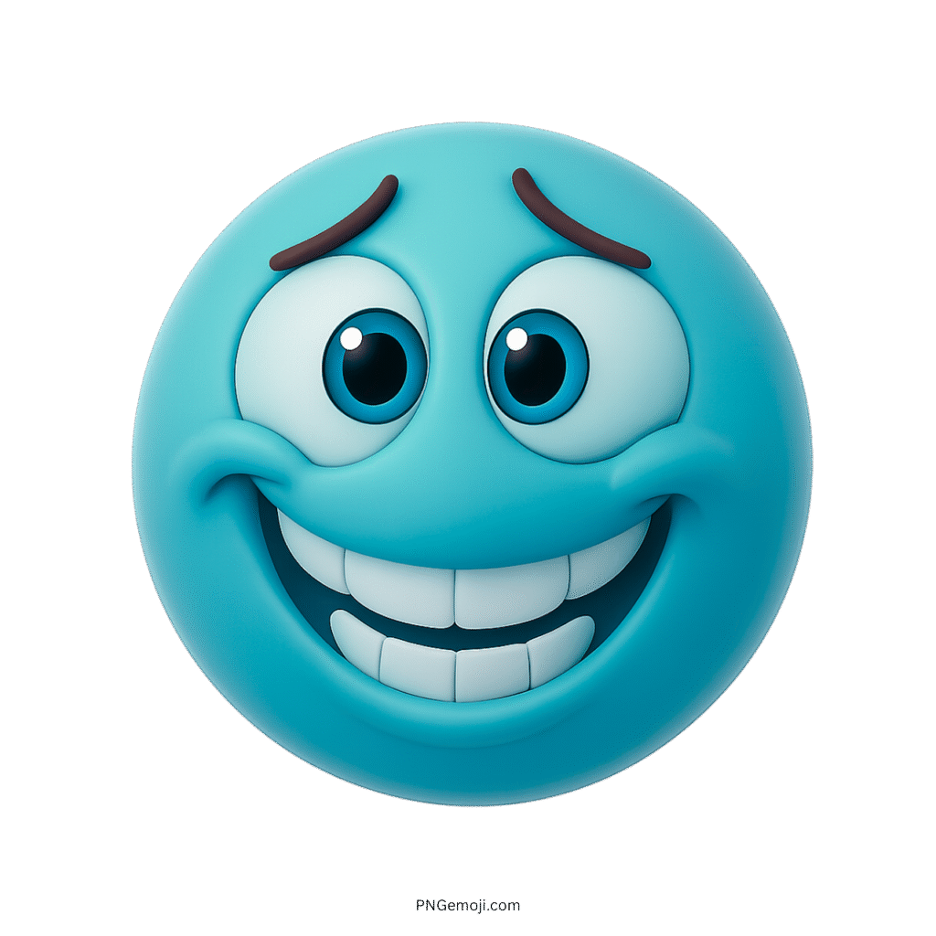 Blue 3D pensive grin emoji with wide smile and raised eyebrows