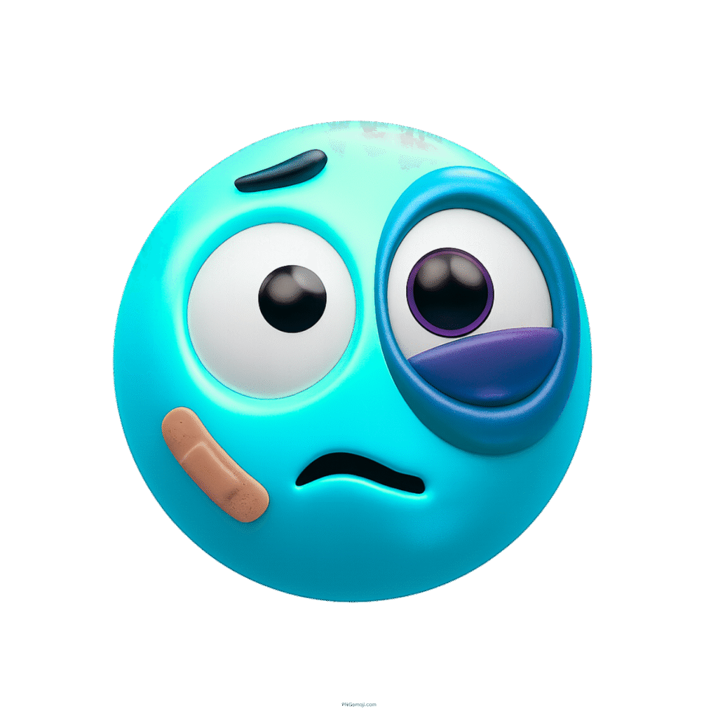 Blue emoji with black eye and bandage showing sad injured cartoon face