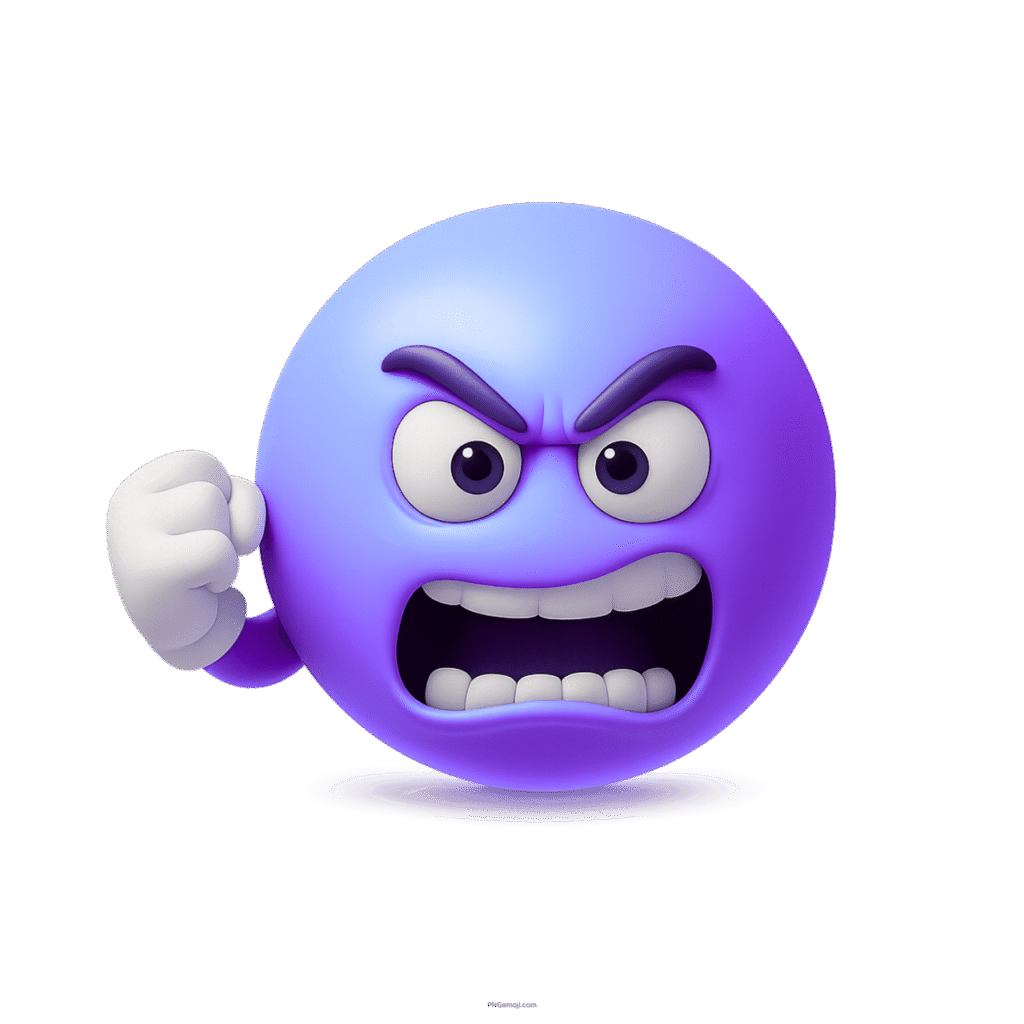 Blue-purple angry emoji in 3D cartoon style with raised fist and furious expression