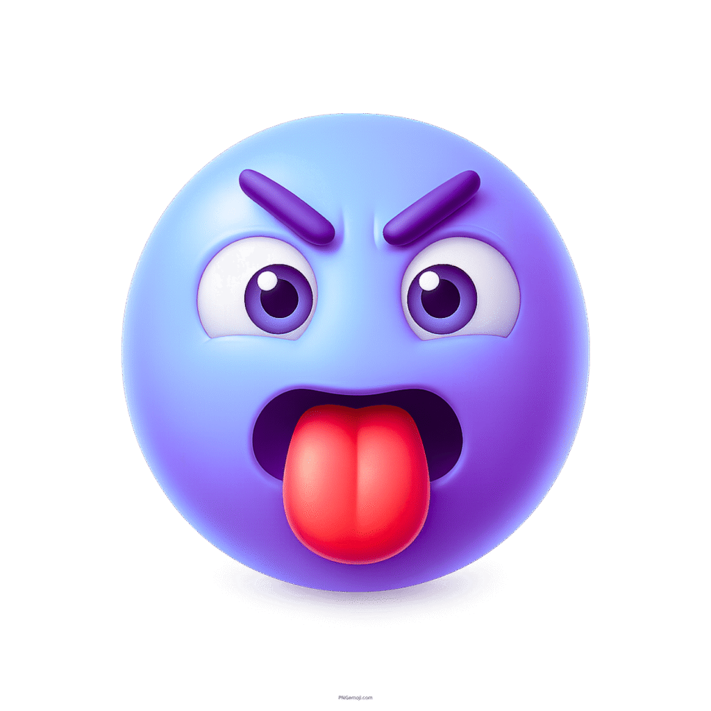3D blue-purple emoji showing angry face with tongue sticking out in frustration
