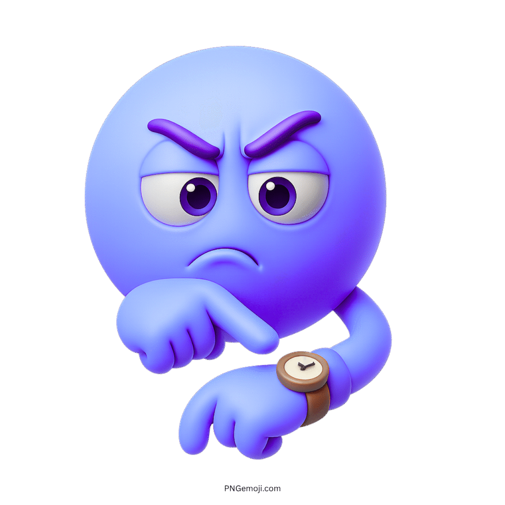 3D blue-purple annoyed emoji pointing at watch to indicate delay or missed time