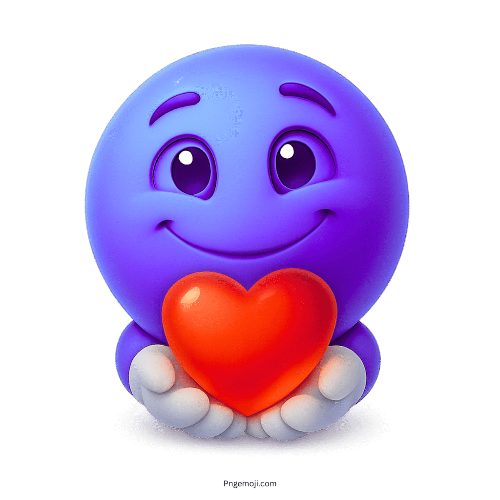 Blue-purple emoji smiling sweetly while holding a bright red heart in hands