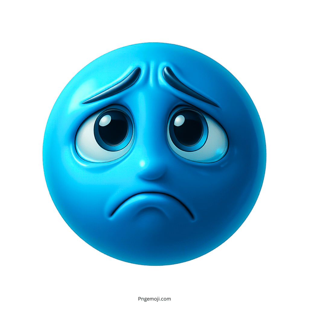 Glossy blue sad emoji with sorrowful teary eyes and a curved down frown