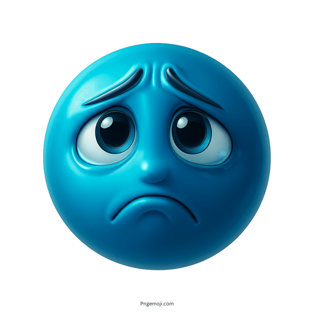 3D bright blue sad emoji with teary eyes and sorrowful facial expression