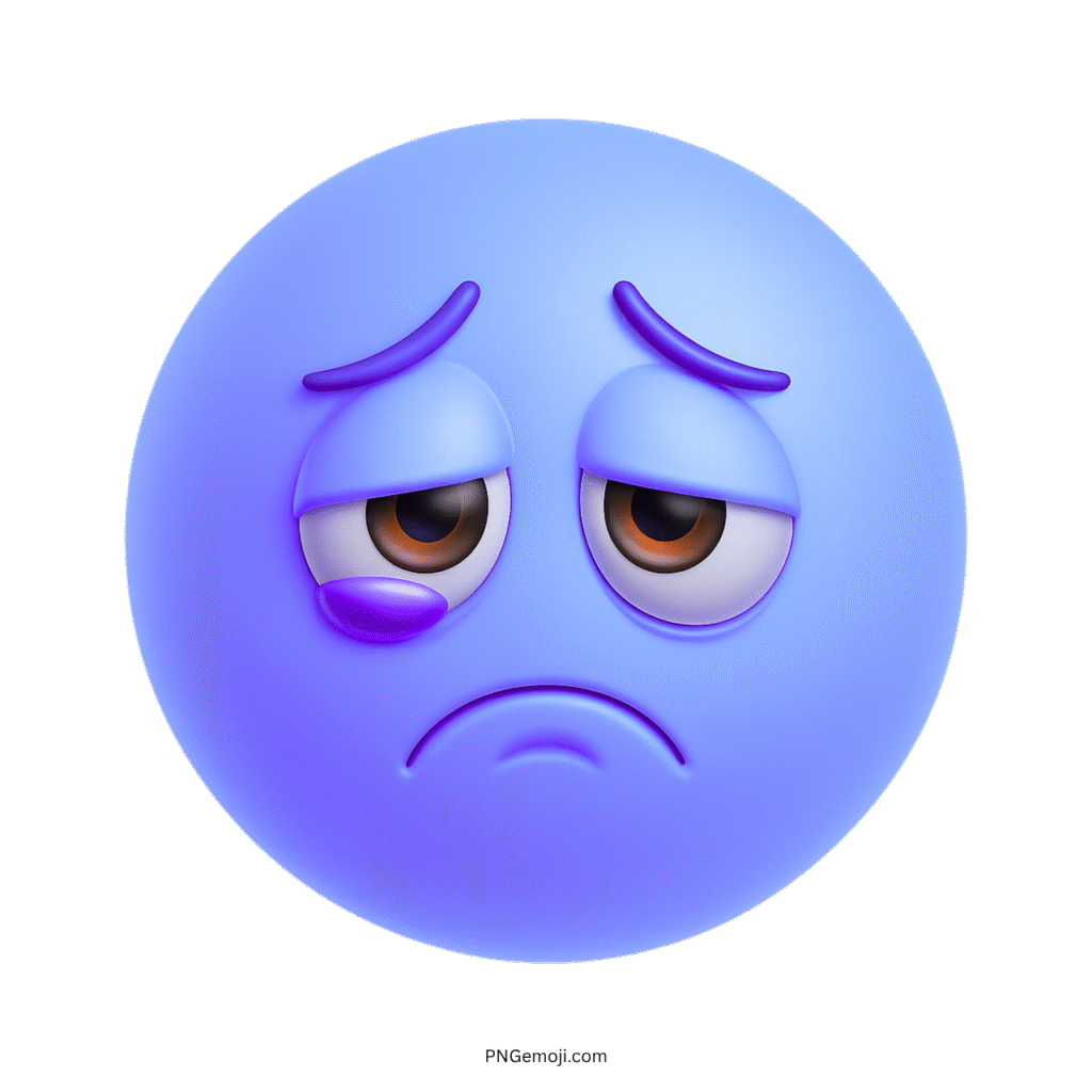 Blue 3D sad emoji face showing tired eyes, frown, and emotional expression