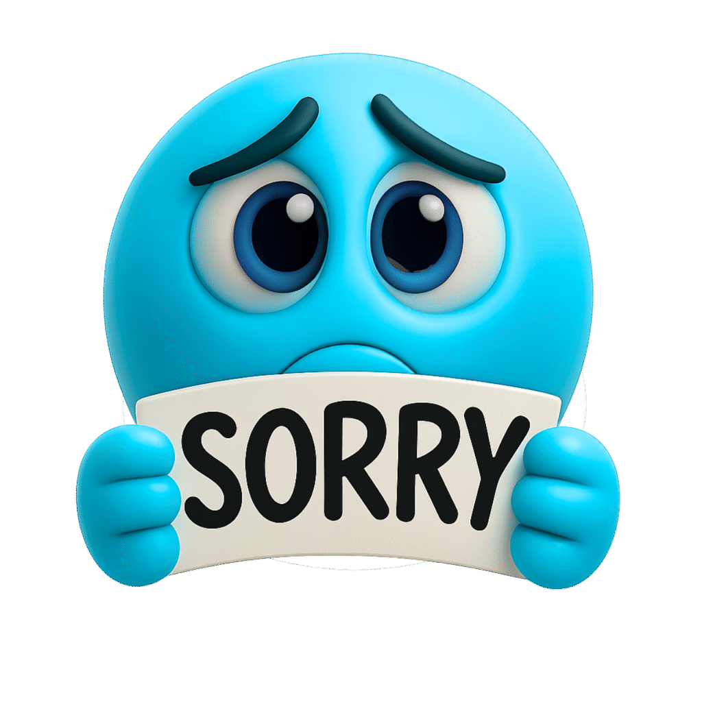 Blue sad emoji holding a sorry sign with big eyes and a regretful look.