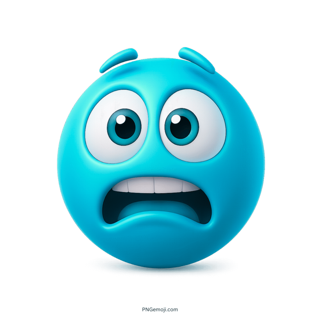 Blue emoji face with large scared eyes and shocked mouth expressing fear or surpris