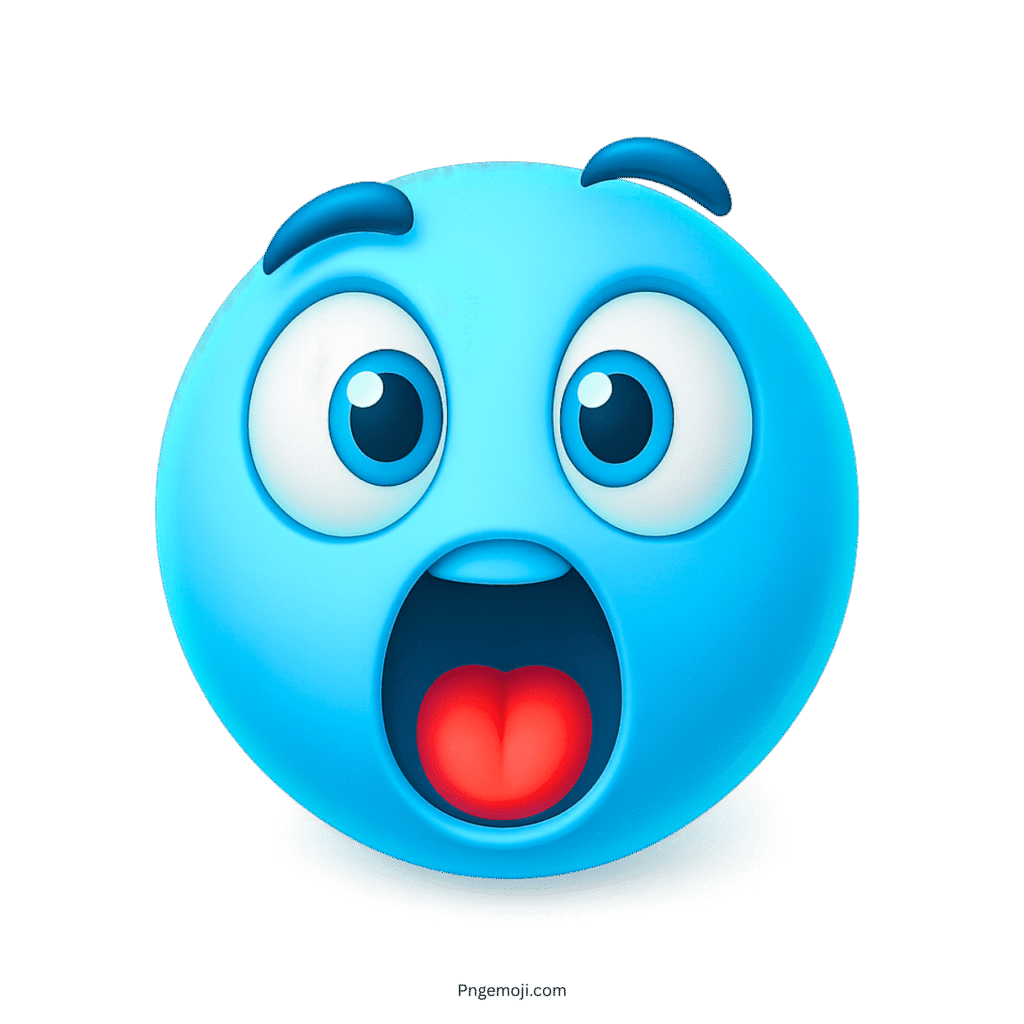 Shocked blue emoji face with big eyes and open mouth