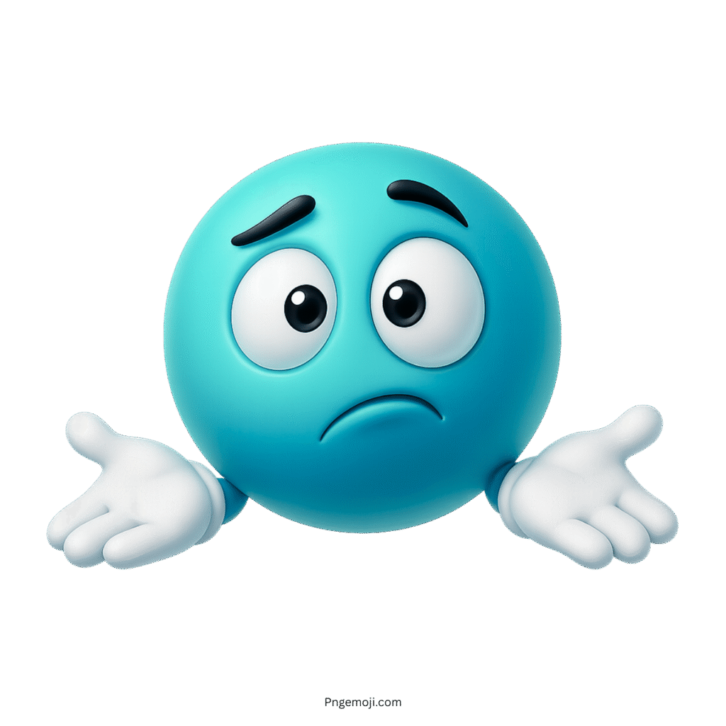 Glossy blue shrug emoji with raised hands and confused facial expression in 3D style