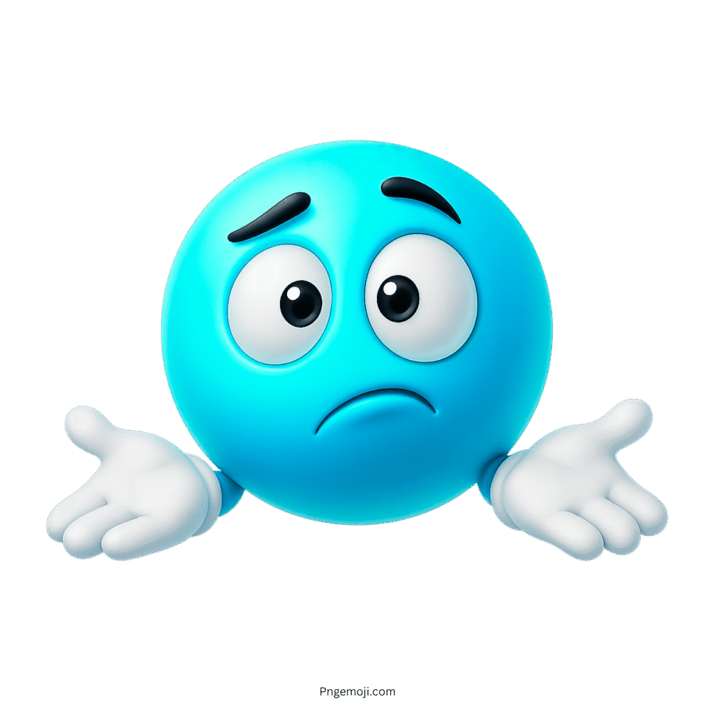 3D aqua blue shrug emoji with puzzled expression and open hands on transparent background