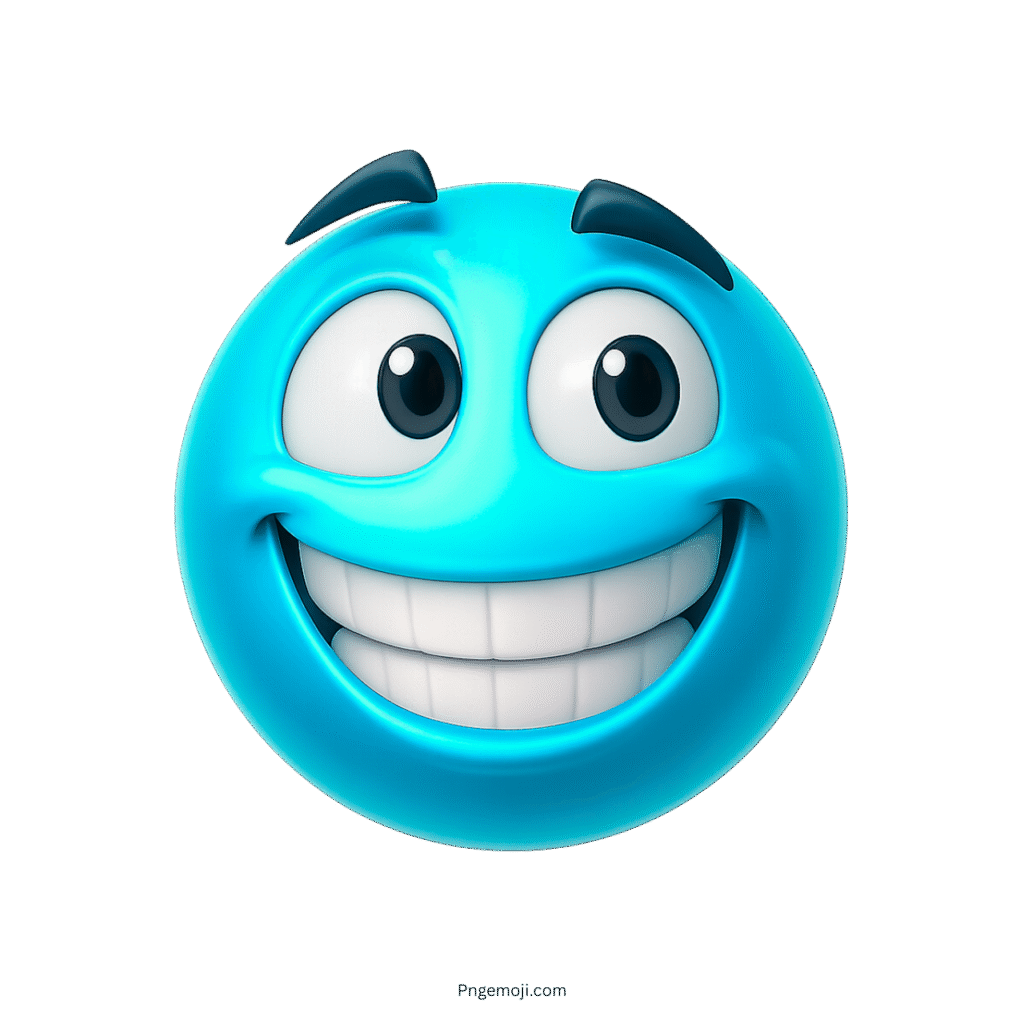 Bright blue 3D emoji face with a big smile and expressive black eyebrows