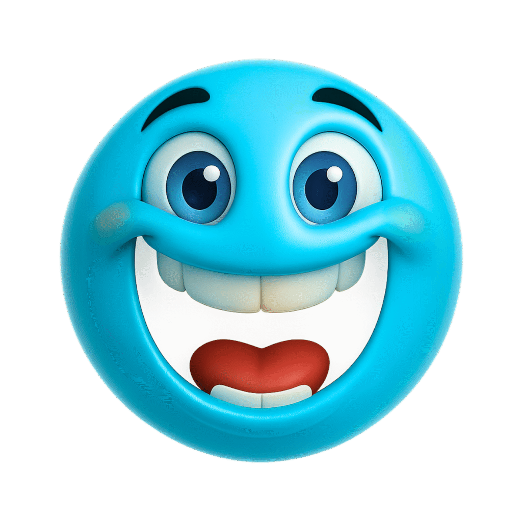 3D blue smiling emoji cartoon with big white teeth, blue eyes, and cheerful face