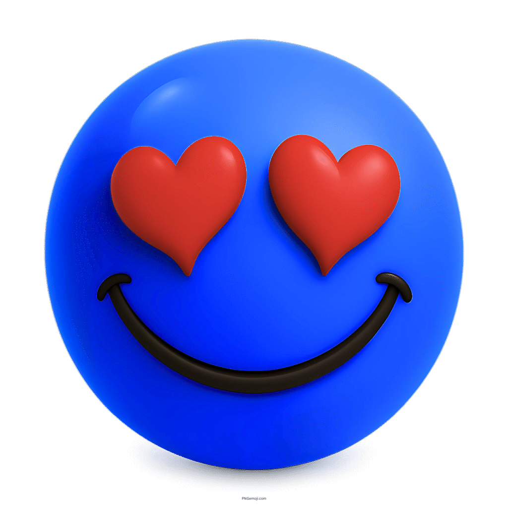 3D blue smiley emoji with red heart eyes and a happy curved smile