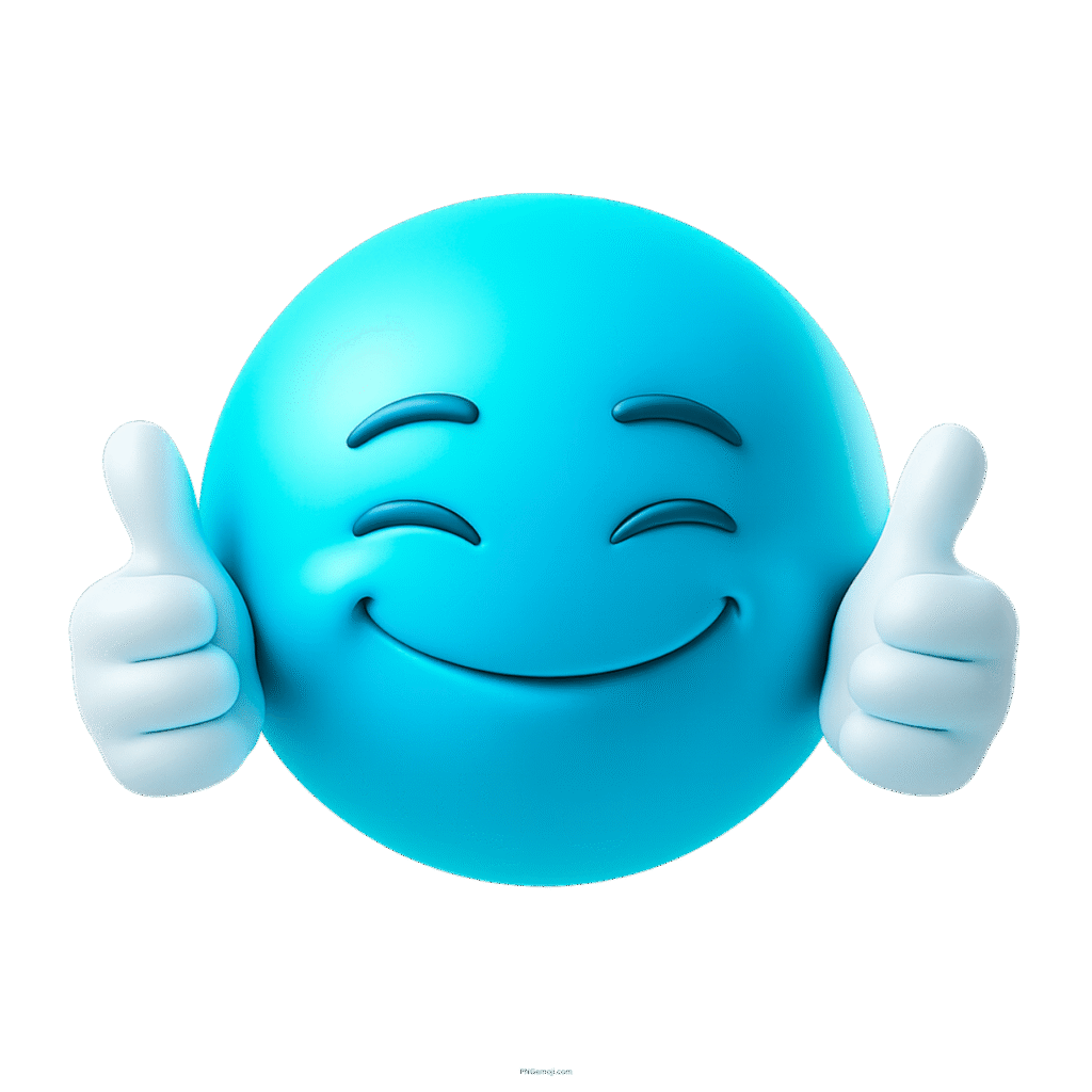 Smiling blue emoji face with closed eyes giving cheerful double thumbs up
