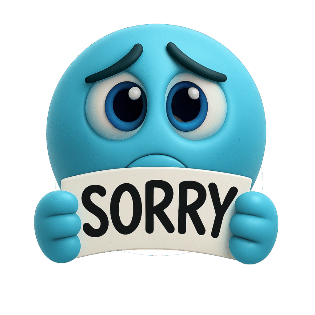 Blue sad emoji with big eyes holding a sorry sign to express deep apology.
