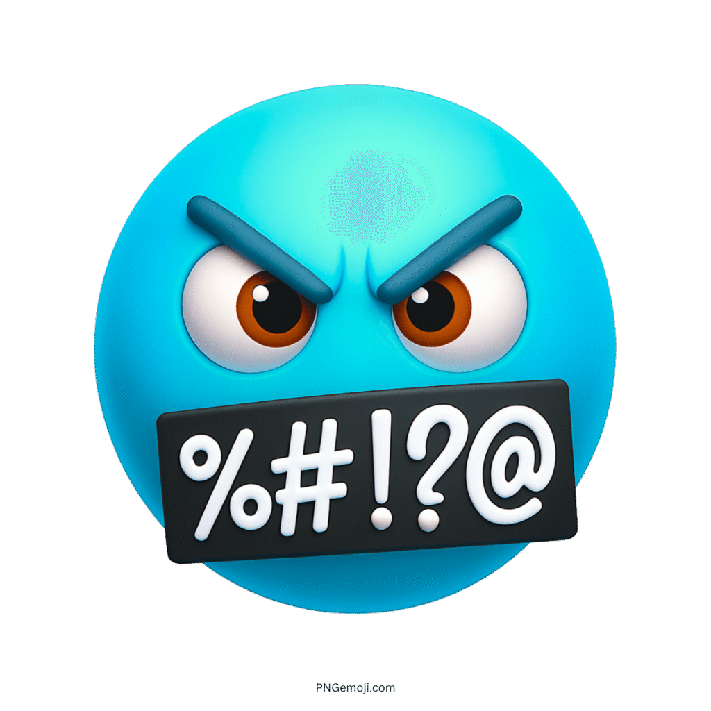 Blue angry swearing emoji with censored mouth and white curse symbols showing rage