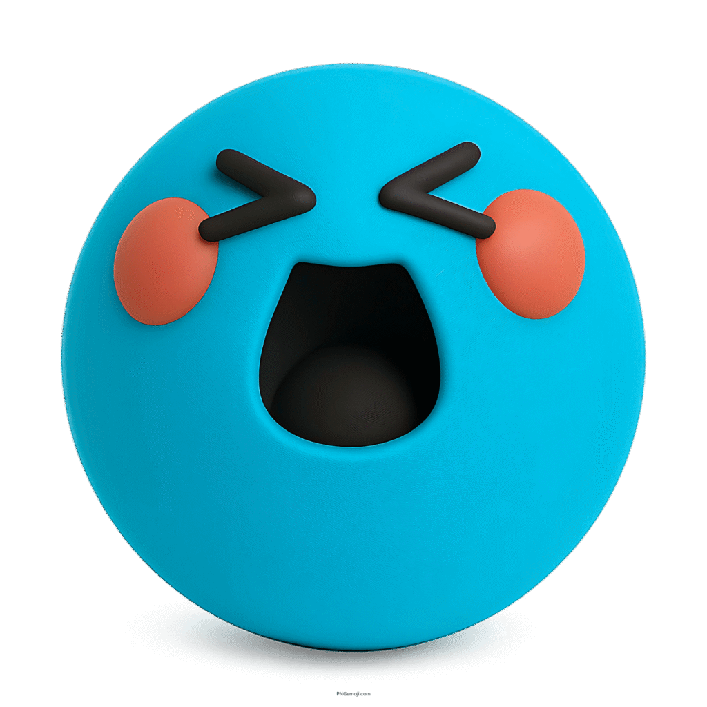 3D blue TikTok happy emoji with funny face, blushing cheeks, and excited expression