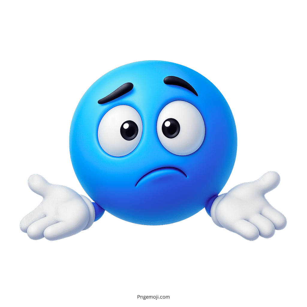 Blue uncertain shrug emoji with confused face and raised hands in 3D style