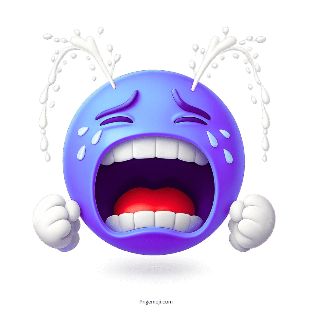 Blue violet 3D crying emoji with clenched fists and intense fountain-like tears