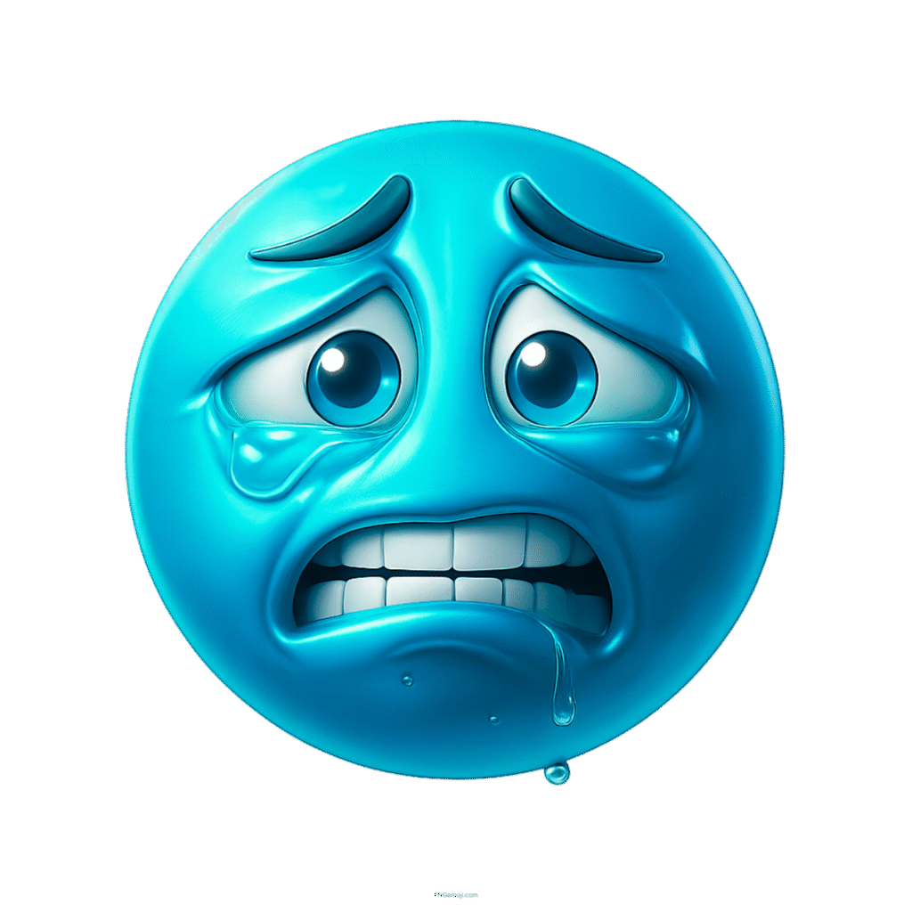 Blue weary emoji with teary eyes, clenched teeth, scared expression, and emotional stress