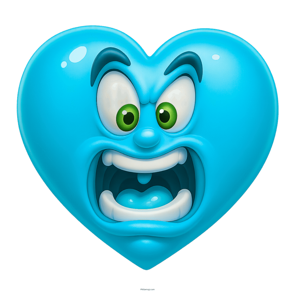 Cartoon blue heart emoji with shocked expression, wide eyes and open screaming mouth