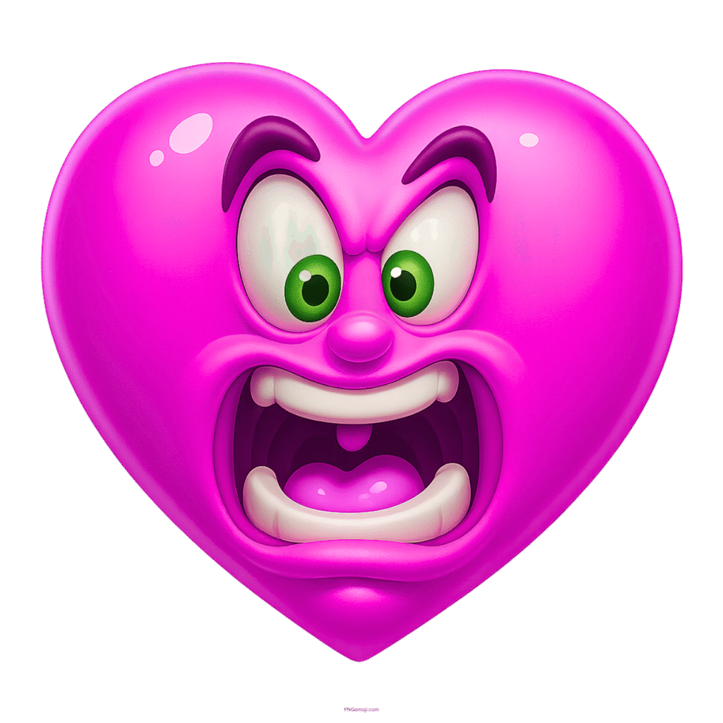 Cartoon pink heart emoji with shocked expression, wide eyes, and open mouth